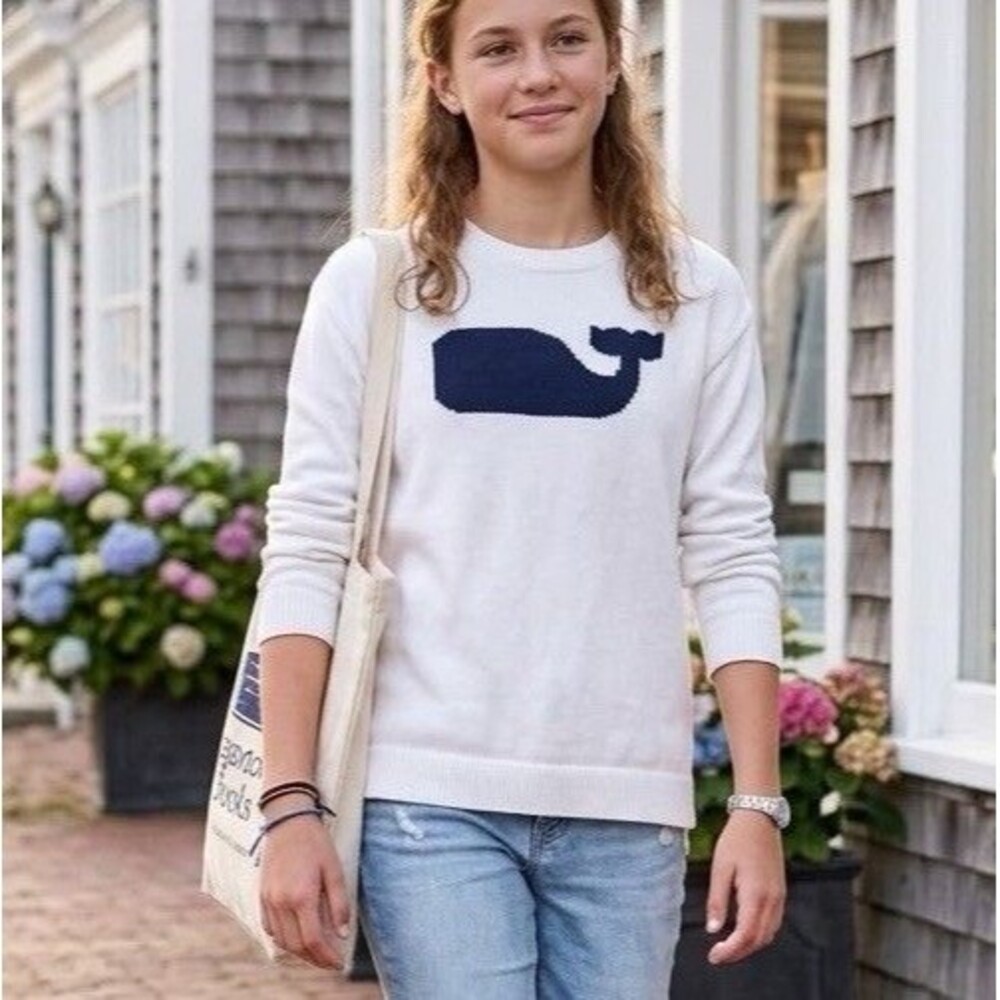 Vineyard Vines Girls Whale Crewneck Cotton Knit Pullover Ivory Navy Prep M 10-12